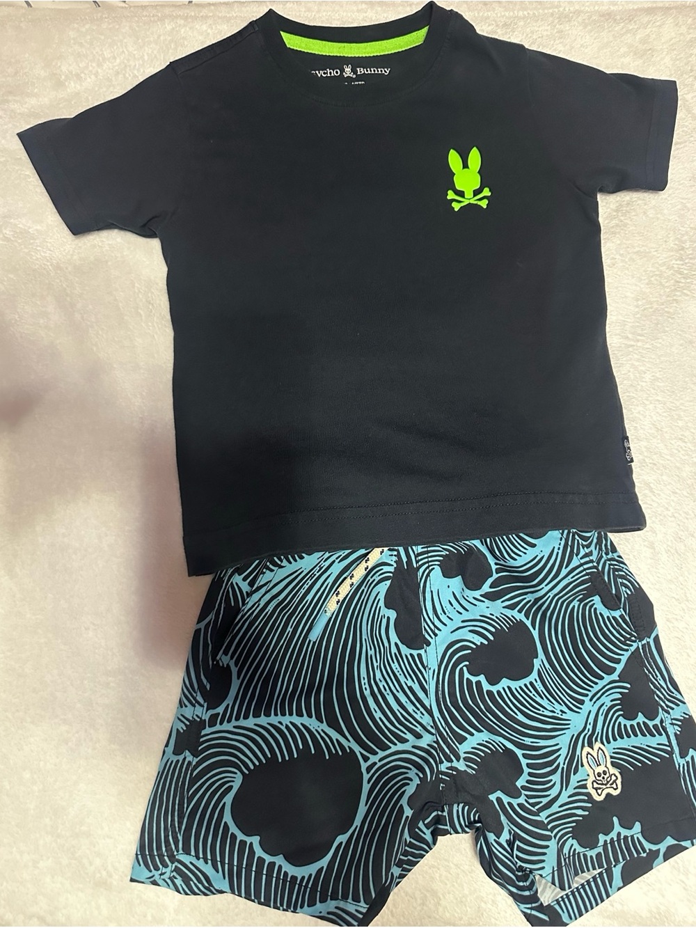 Psycho Bunny Kids Black Tee with Neon Green Logo